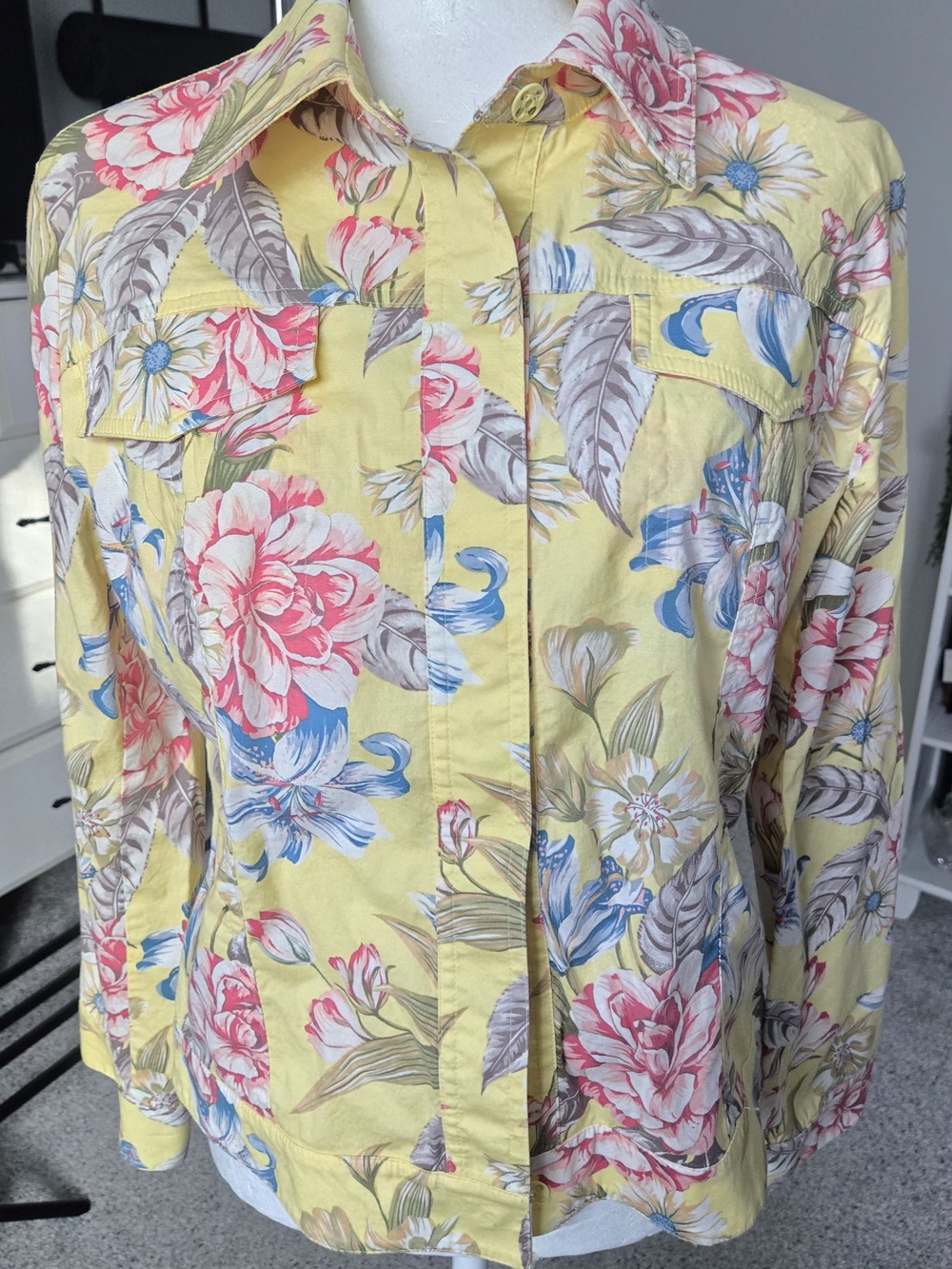 Iris Singer Collection Vintage Tropical Floral Button Front Shirt Size 10 Yellow